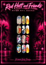 Load image into Gallery viewer, Red Hott and Friends water nail decals with original designs in a pink neon frame
